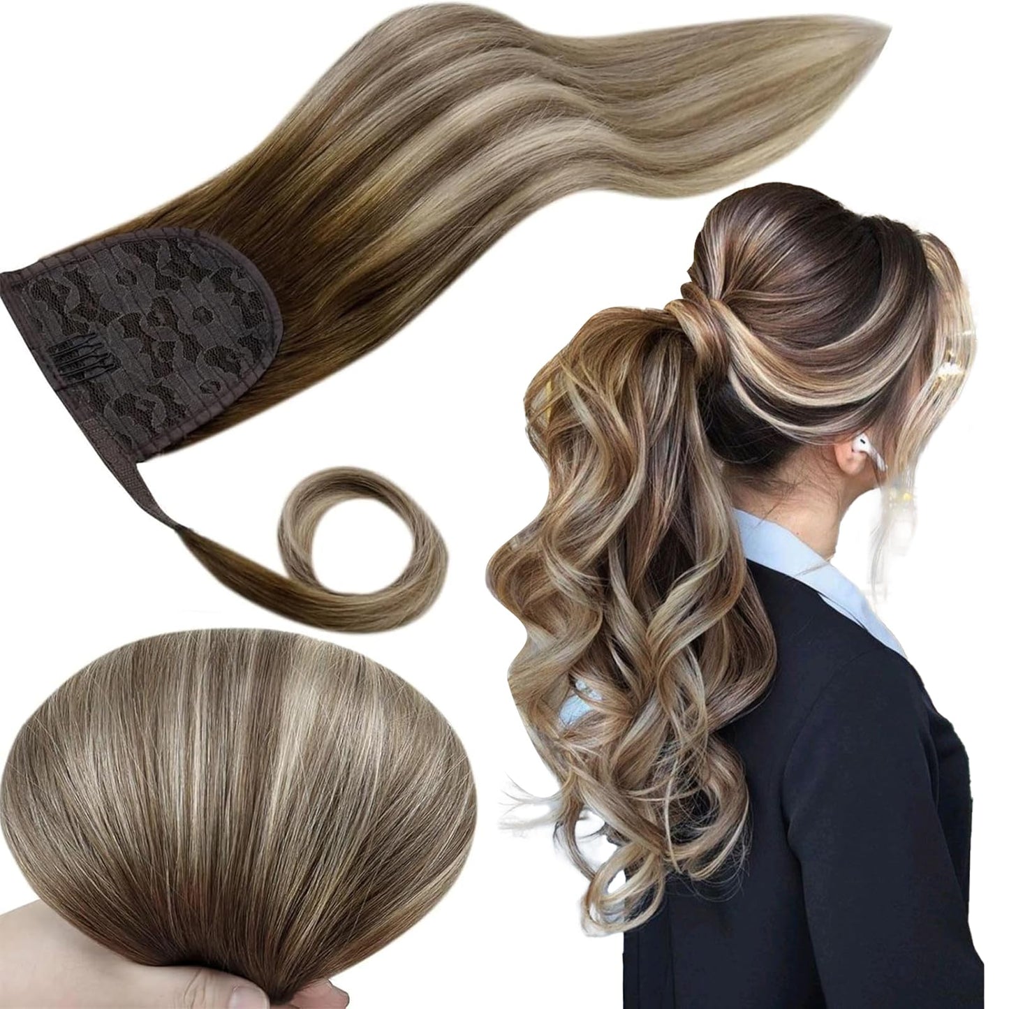 Runature Ponytail Extension Human Hair Balayage Blonde Short Ponytail Human Hair Extensions Clips 12 Inch 70G Ombre Walunt Brown