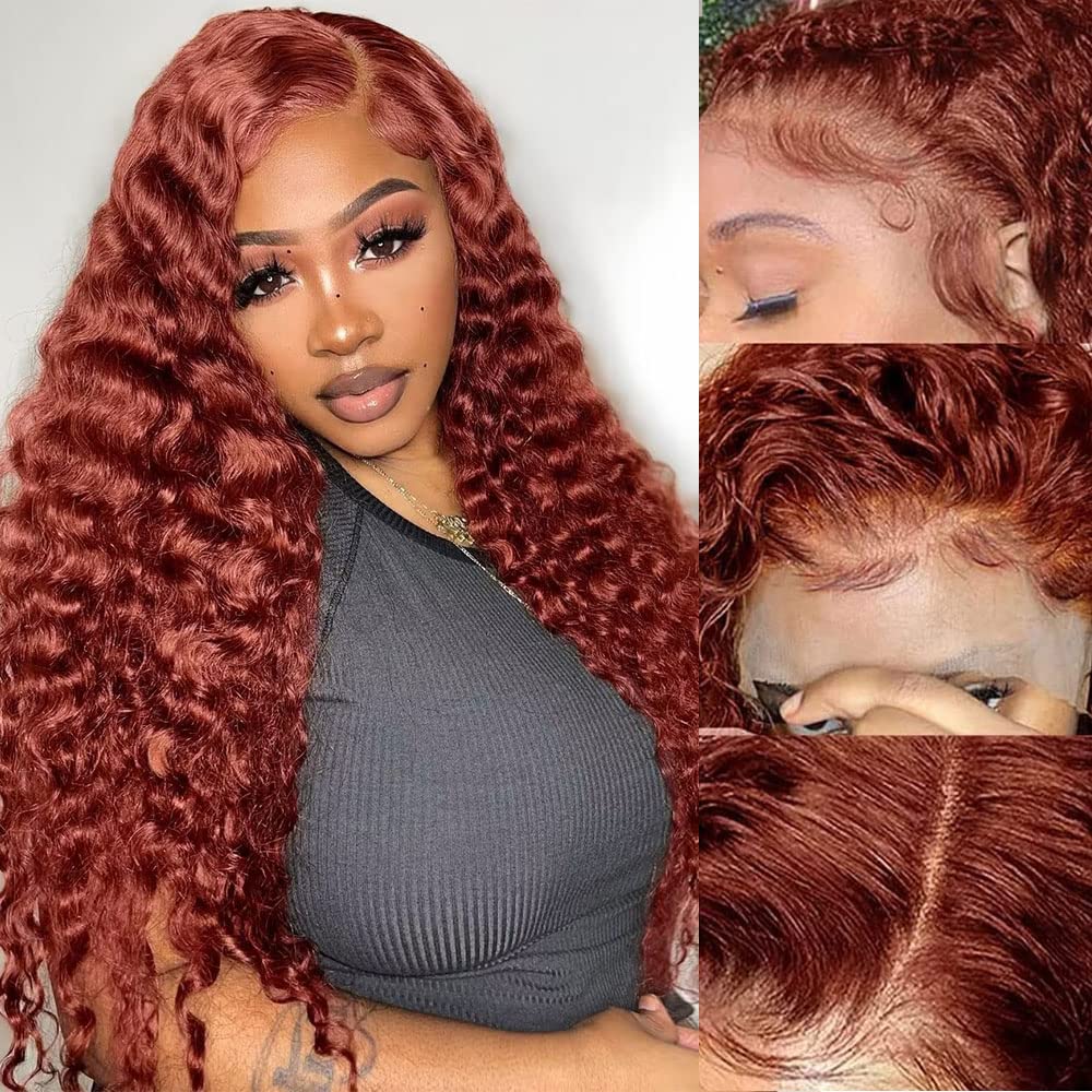 Reddish Brown Lace Front Wigs Human Hair Deep Wave Wig 180% Density 13X4 Hd Lace Frontal Copper Red Colored Human Hair Wigs Red