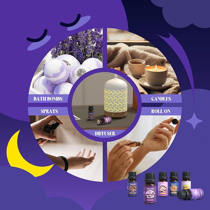 SALKING Sleep Essential Oils Set, Pure and Natural Essential Oils, Fragrance Oil Scented Oils for Oil Diffusers 6 x 10 ML - Lavender, Vetiver, Sandalwood, Valerian, Helichrysum, Benzoin…