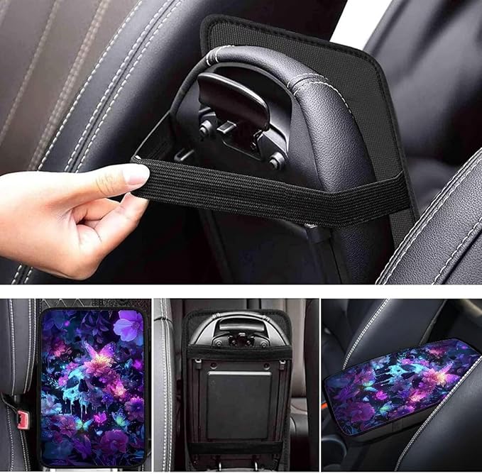 Skull Print Center Console Pad Butterfly Flower Print Armrest Cushion Cover for Cars Dust-Proof Decorative Armrest Seat Box Cover for Auto Interior