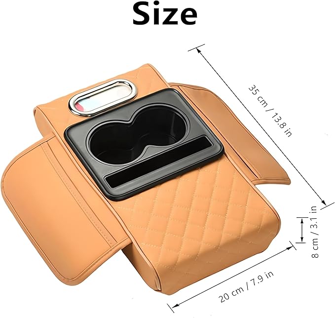 Multifunctional PU Leather Car Armrest Box Mat, 5-in-1 Multifunctional Car Armrest Cushion, Center Console Cover with 2 Cup Holder, For Storing Tissues,Phones,Wallets,Drinks,for Most Cars (Black-B)