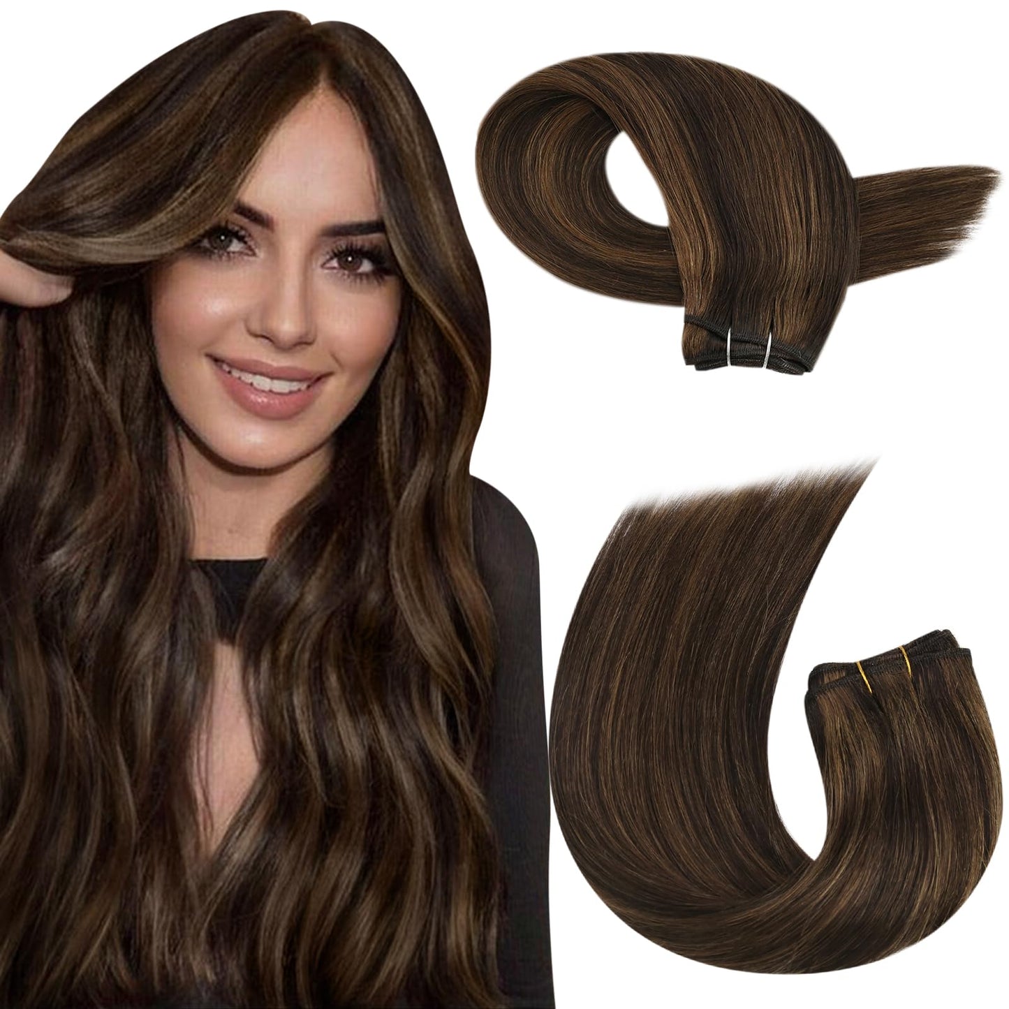 Moresoo Hand Tied Weft Hair Extensions Human Hair Brown Highlight Sew In Hair Extensions Real Human Hair Darkest Brown Highlight