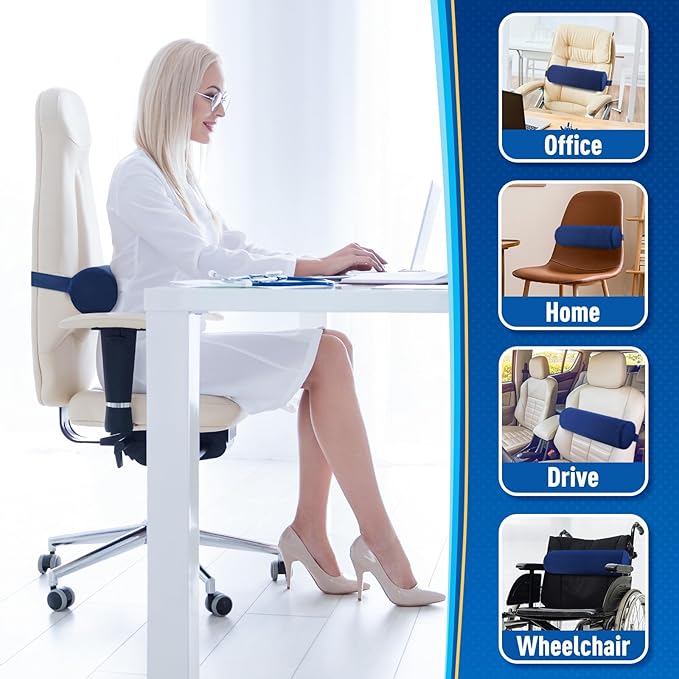 Seat Cushion, Lumbar Roll Support Pillow for Office Chair, Car, Gaming Chair, Memory Foam Back Cushion with Washable Cover for Relieving Back Pain & Improving Posture,Blue