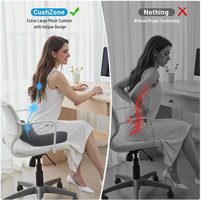 Seat Cushion, Memory Foam Office Chair Cushions, Ergonomic Curved Design for Sciatica, Tailbone, Coccyx, Seat Support for Car, Desk Chair, Wheelchair, Enhances Long Sitting Comfort (Grey)