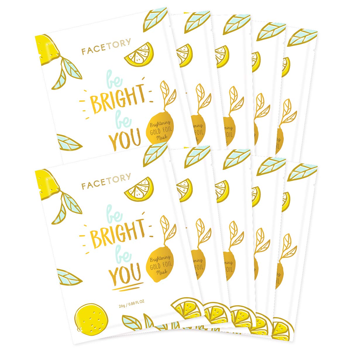 Facetory K Beauty Face Mask Skin Care - Be Bright Be You Brightening Sheet Mask With Gold Foil & Lemon Fruit | Glowing Gold Brig