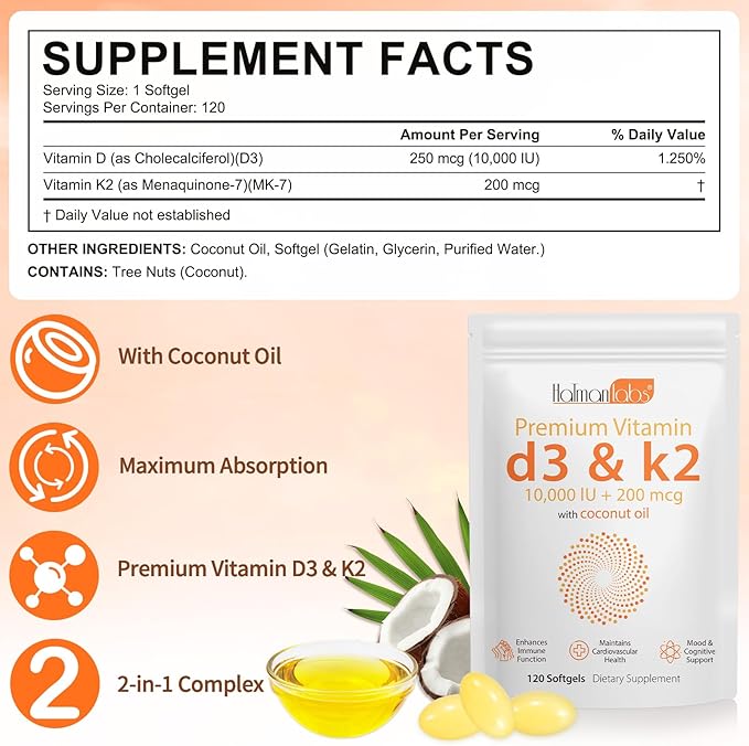 Vitamin D3 K2,D3 K2 Vitamin Supplement,Vitamin D3 and K2,D3 K2 Vitamin Supplement,Replenish Vitamin D3 K2 Coconut Oil Softgels (120)