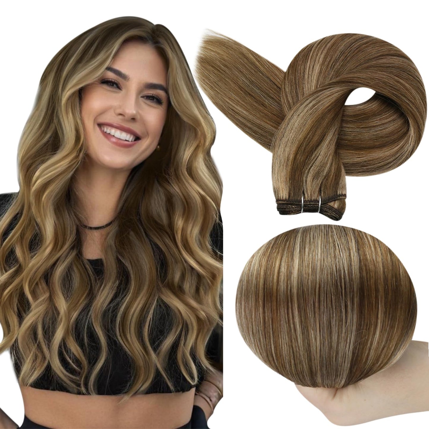 Full Shine Sew In Hair Extensions Human Hair Weft Hair Extensions 4 Medium Brown Highlight 27 Blonde Double Weft Remy Straight H