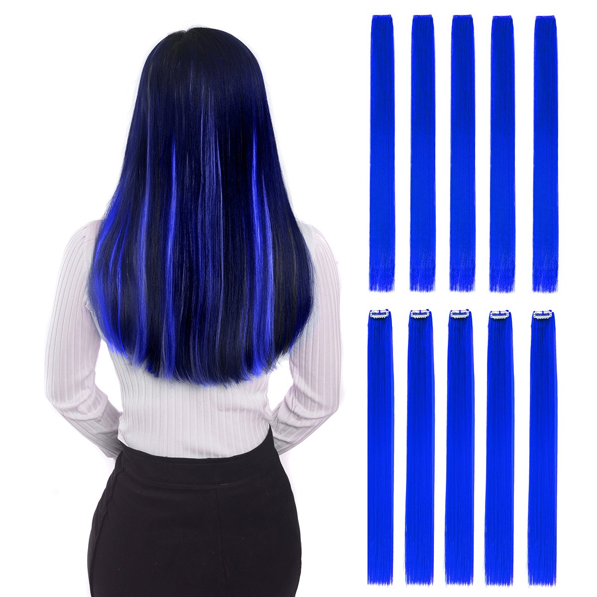 Colored Clip In Hair Extensions 22'' 10Pcs Straight Fashion Hairpieces For Party Highlights Blue