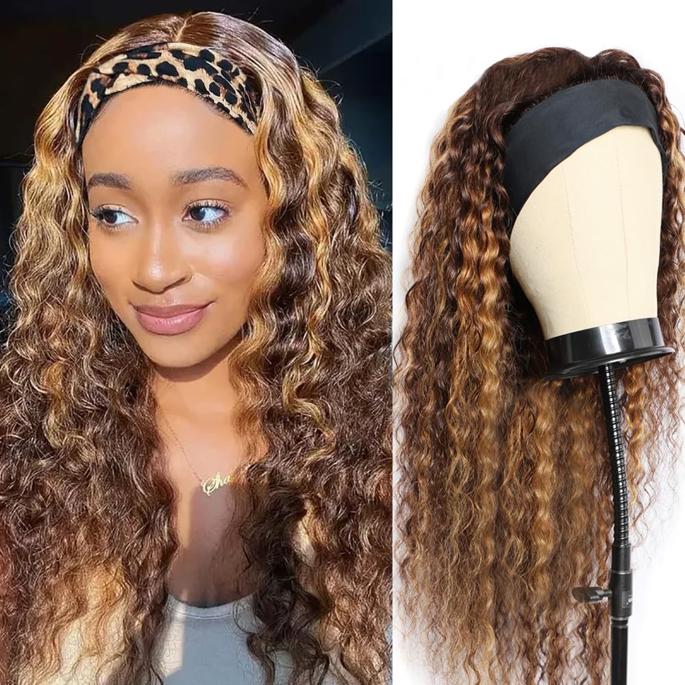 Xsy Headband Wig Human Hair Deep Wave Wigs Highlight Ombre Headband Wigs For Black Women None Lace Front Wigs Human Hair 150% De