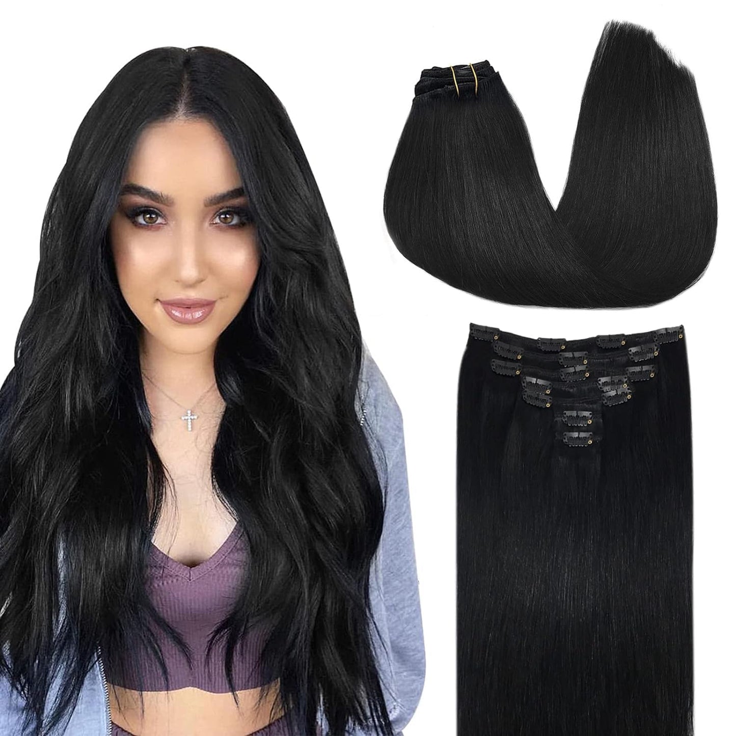 Doores Seamless Clip In Hair Extensions Real Human Hair, Jet Black 120G 7Pcs 24 Inch, Hair Extensions Clip In Human Hair Extensi