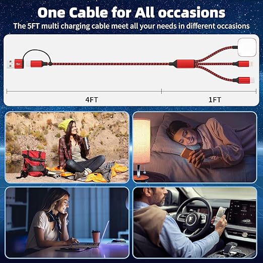 Travel Essentials 3in2 Multi Charging Cable for iPhone Watch Charger,USB A/C to Type C/IP/iWatch charger,Travel Chargers for Multiple Devices Compatible with iWatch Series&iPhone 16-12(2PACK,5FT)