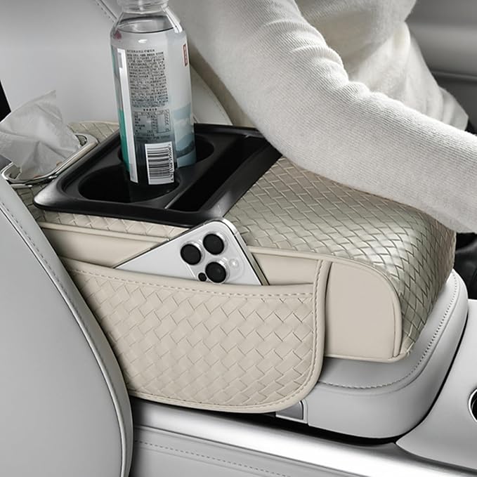 Car Armrest Cushion Cover Car Center Console Memory Foam Booster Pad with Storage Pocket and Tissue Hole for Sedan Vehicle (Cupholder - Beige, 13.39 * 7.68 * 2.95'' / 34 * 19.5 * 7.5cm)