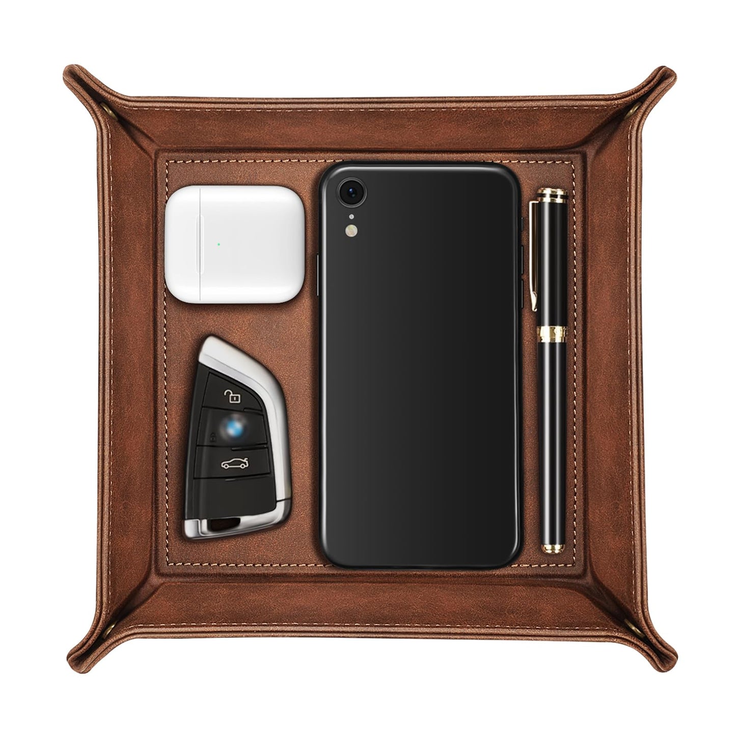 SITHON Valet Tray Desktop Storage Organizer β Premium PU Leather Catchall Bedside Vanity Tray Nightstand Caddy Holder for Remote Controller, Keys, Phone, Wallet, Coin, Jewelry, Brown