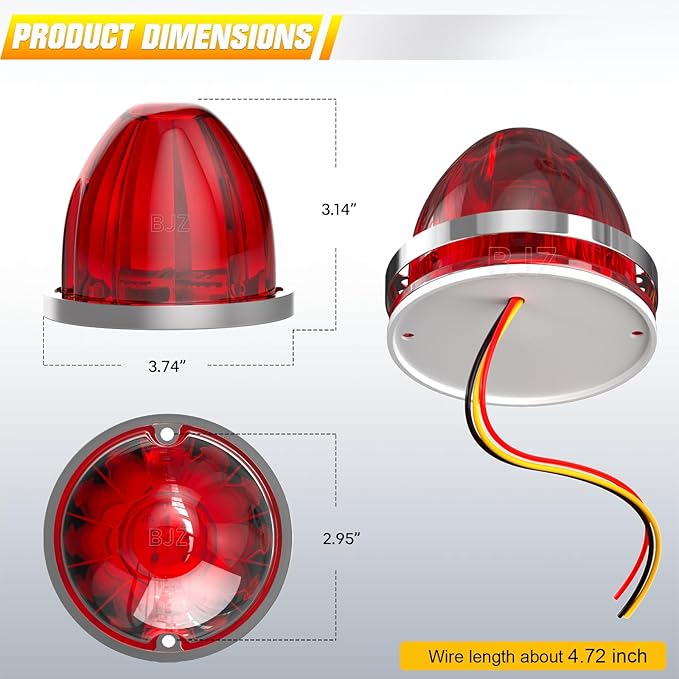 BJZ 4Pcs Red Watermelon LED Strobe+Constant Marker Lights Dual Function Watermelon-Shaped Side Marker Clearance Tail Top Cap Roof Lights for Trailer Truck Semi-Trailer Heavy-Duty Truck Bus Van