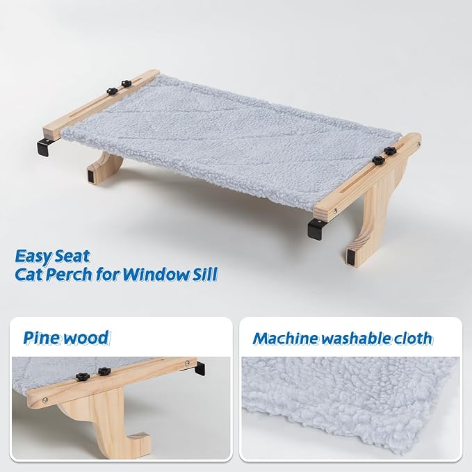 Easy Seat Cat Perch for Window Sill - Hammock Design w/Pine Wood & Robust Metal Frame - Cat Window Seat for Large Cats and Kittens (Natural Color Wood w/Gray Bed, Medium (23''W x 14''D))