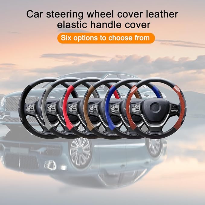 Mandark Car Steering Wheel Cover, Elastic Sport Leather Vehicle Steering Wheel Protector, Non-Slip Soft Grip Padded Auto Interior Protective Accessories, 14.5-15 Inch Universal Fit(Coffee)