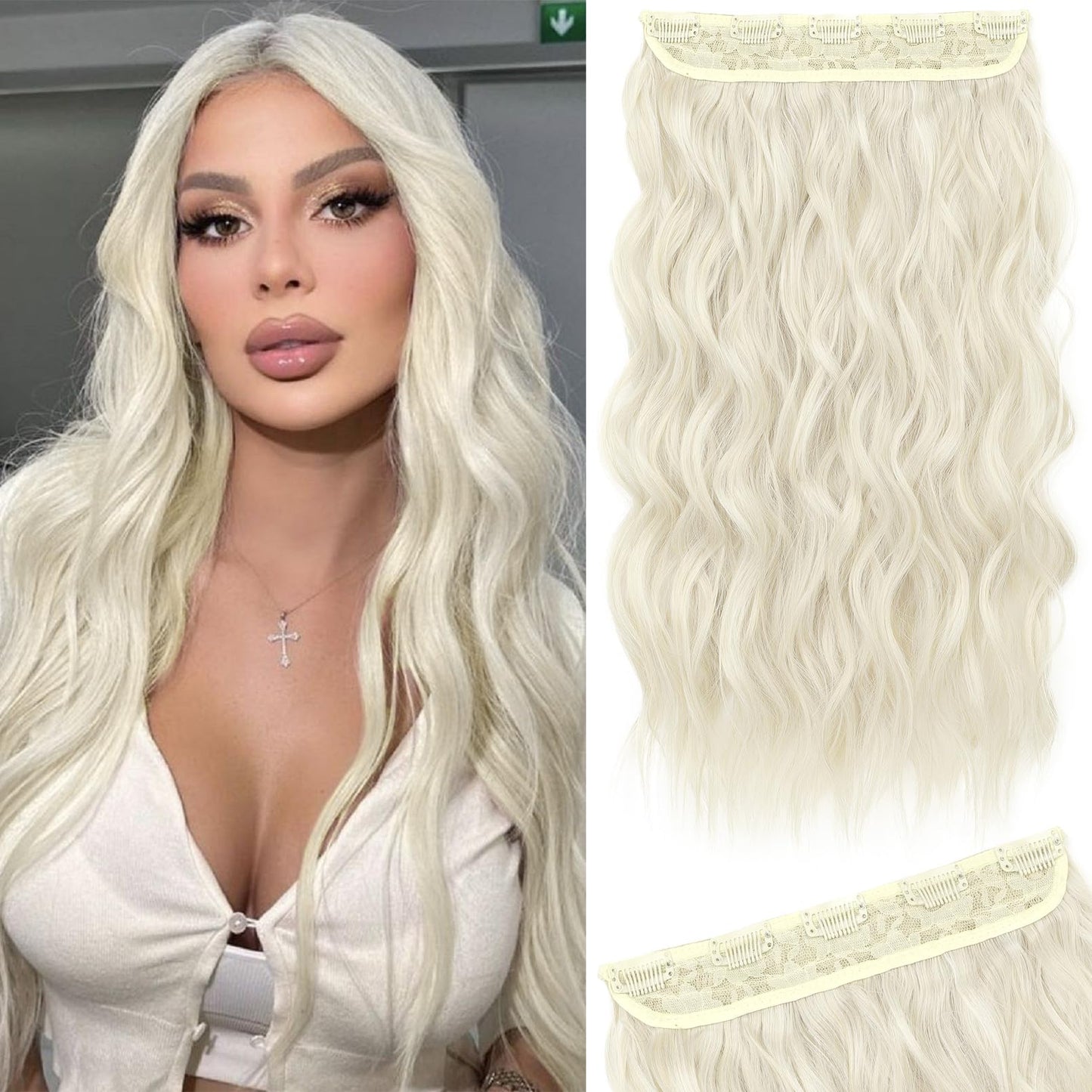 Reecho Blonde Hair Extensions, 20 One Piece Clip In Hair Extensions Thick Long Beach Wavy Natural Soft Synthetic Hairpieces F