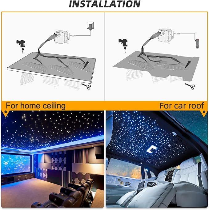 32W Twinkle Starlight Headliner Kit, 1000pcs of (0.03+0.04+0.06in)*13.1ft LED Fiber Optic Lights Kit, Star Ceiling Light+10 Crystals+Adapter+Car Use Plug for Car/Home with Music Mode