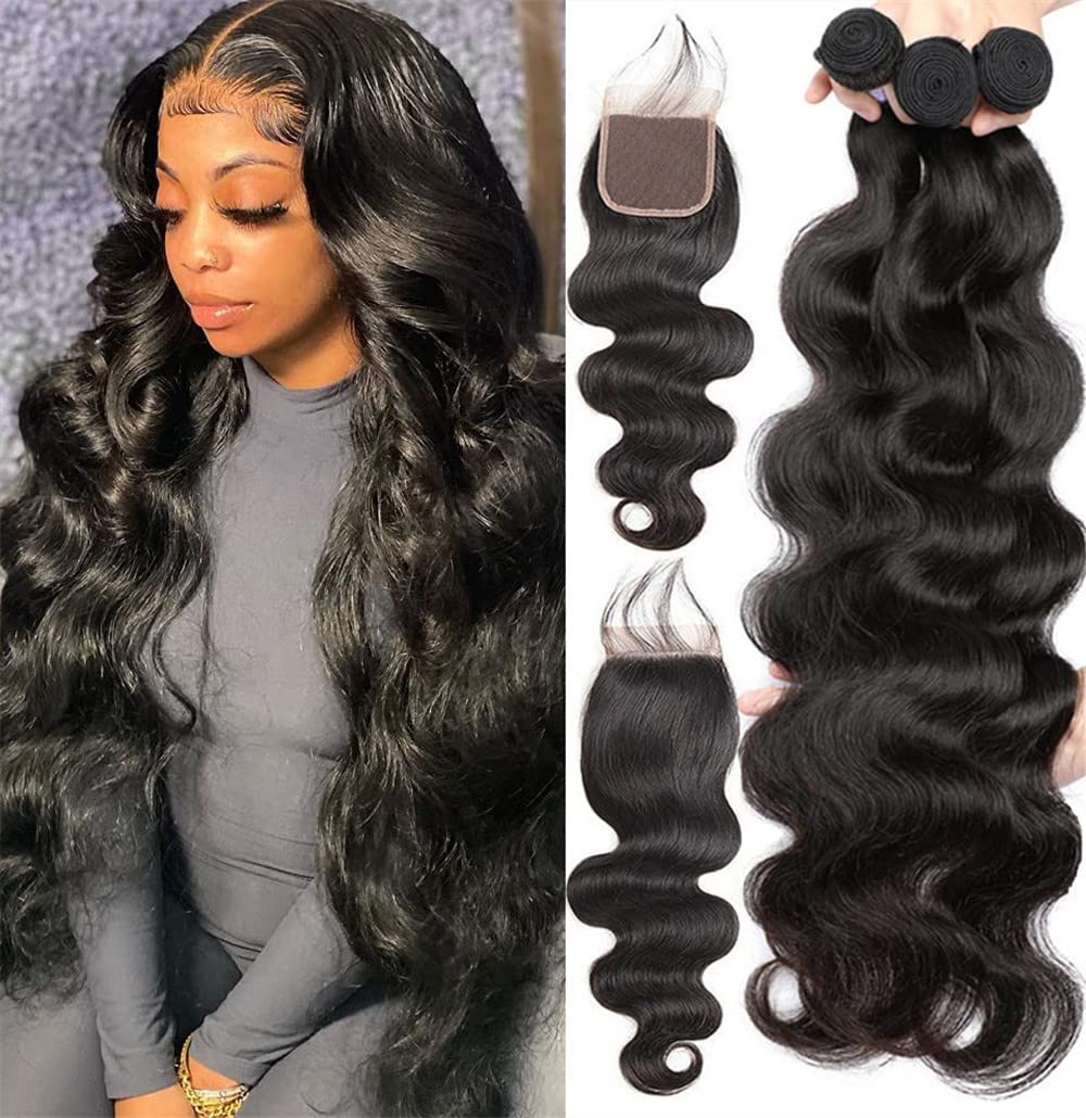 Yisea Body Wave 3 Bundles With Closure(12 14 16+10,Bundles With Closure) 100% Unprocessed Brazilian Body Wave Human Hair Bundles