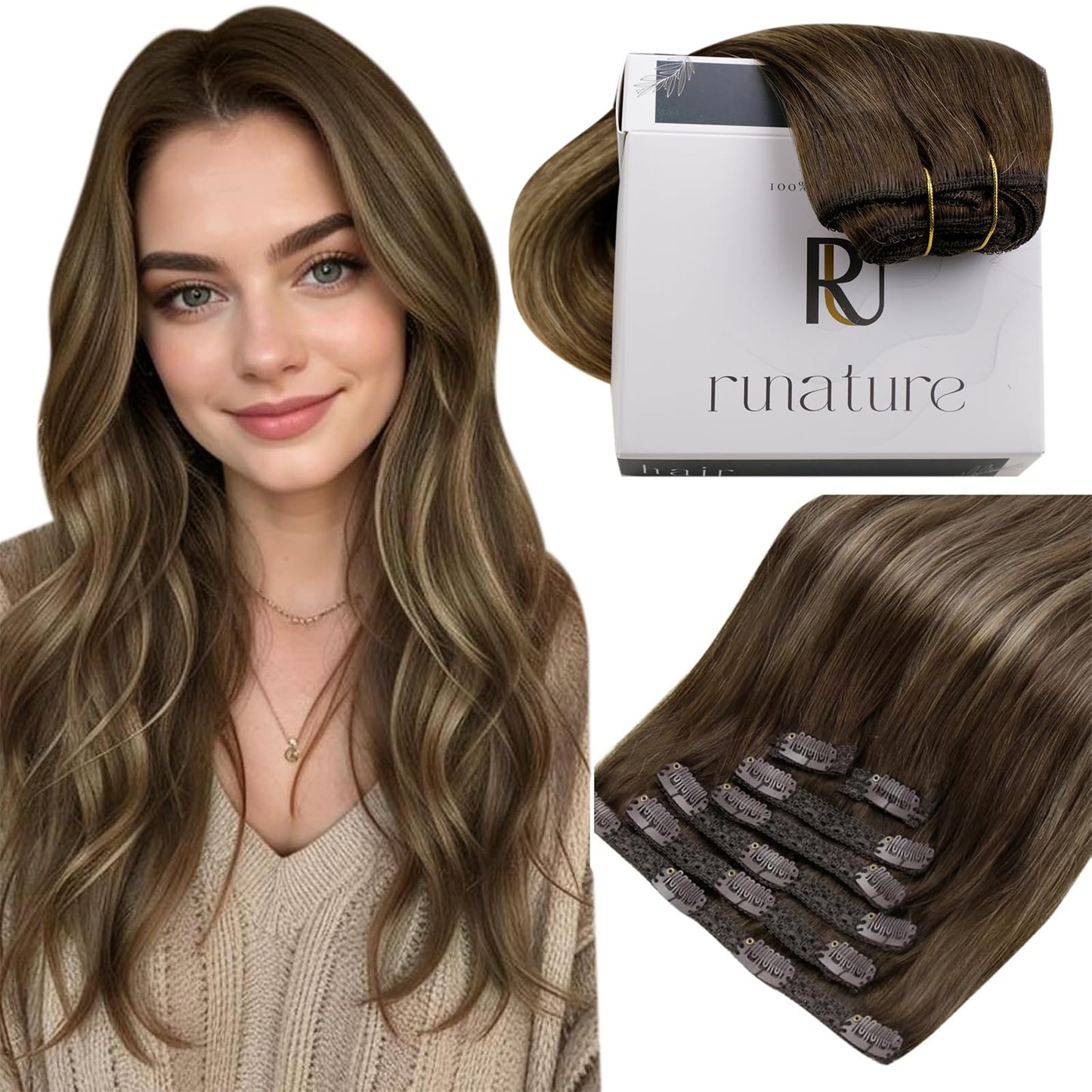 Runature Human Hair Clip In Extensions Balayage Clip In Hair Extensions Human Hair Full Head Remy Hair Thick Ends Easy To Apply
