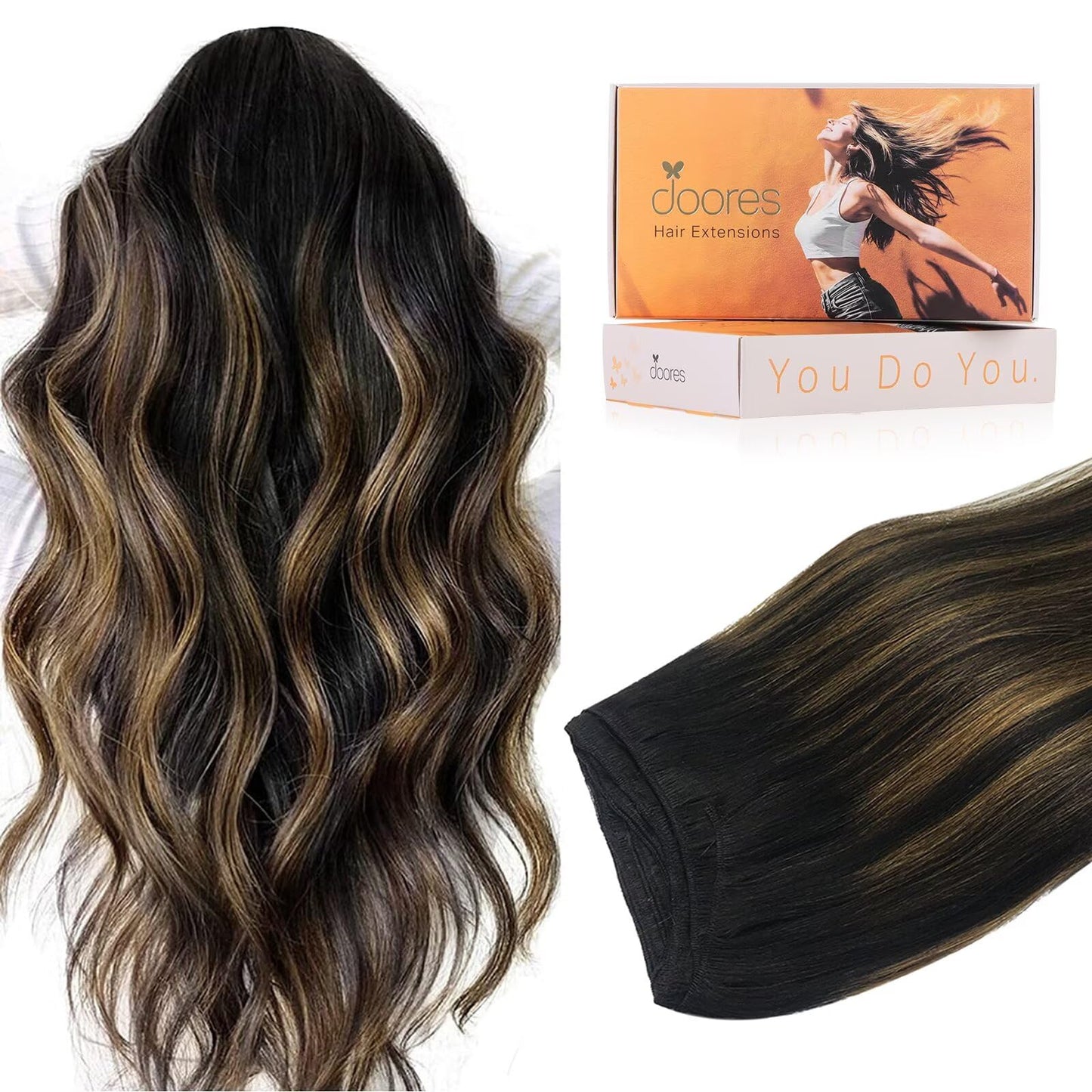 Doores Sew In Hair Extensions Real Human Hair, Natural Black To Chestnut Brown 22 Inch 110G, Weft Extensions Long Silky Straight