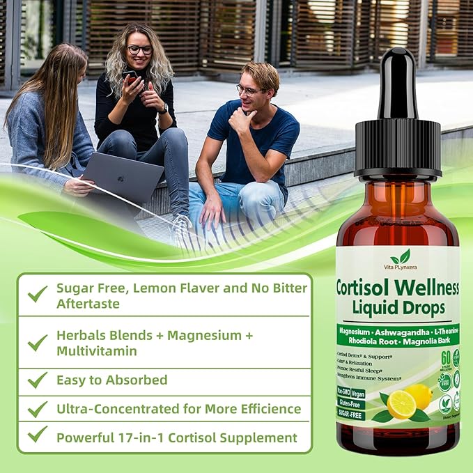 Cortisol Supplement Liquid Drops, 17-in-1 Cortisol Detox w. Magnesium Glycinate 400mg Ashwagandha, L-Theanine, Phosphatidylserine, Hormone Balanced for Women, Mood Focus, Sleep Support