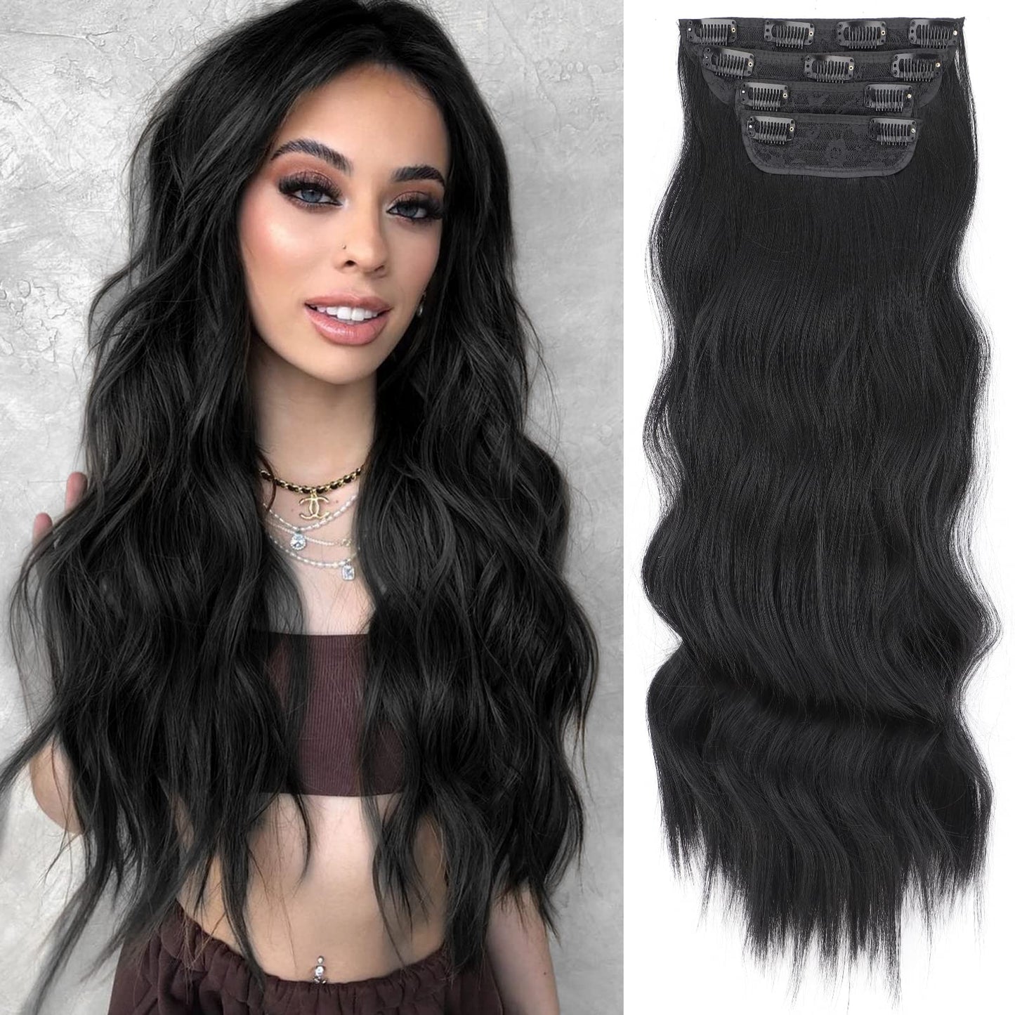 Vigorous Clip In Hair Extensions 4Pcs Black Hair Extensions Soft Synthetic Hairpieces 24 Inches Clip In Hair Extensions For Wome