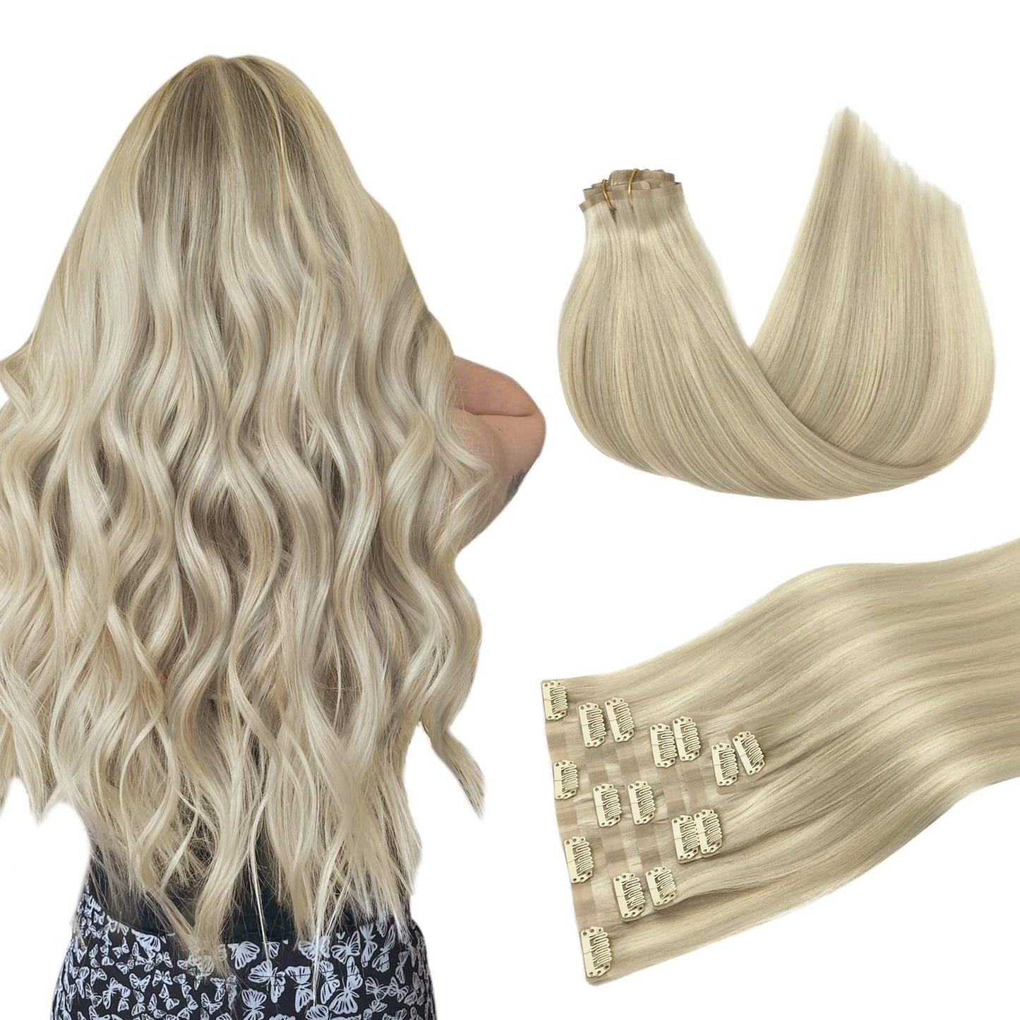 Doores Clip In Hair Extensions Real Human Hair, Ash Blonde Highlighted Platinum Blonde 130G 7Pcs 18 Inch Clip In Virgin Hair Ext