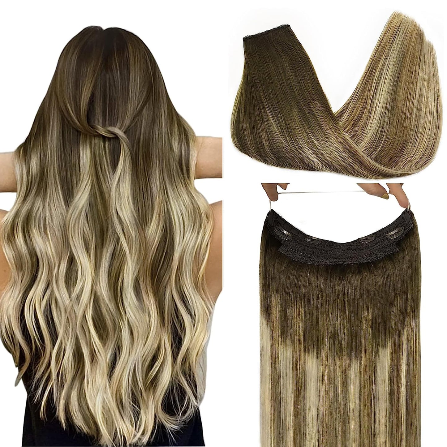Goo Goo Wire Hair Extensions Human Hair, 3/8/613 Walnut Brown With Ash Brown And Bleach Blonde Balayage 18Inch 95G, Invisible Wi