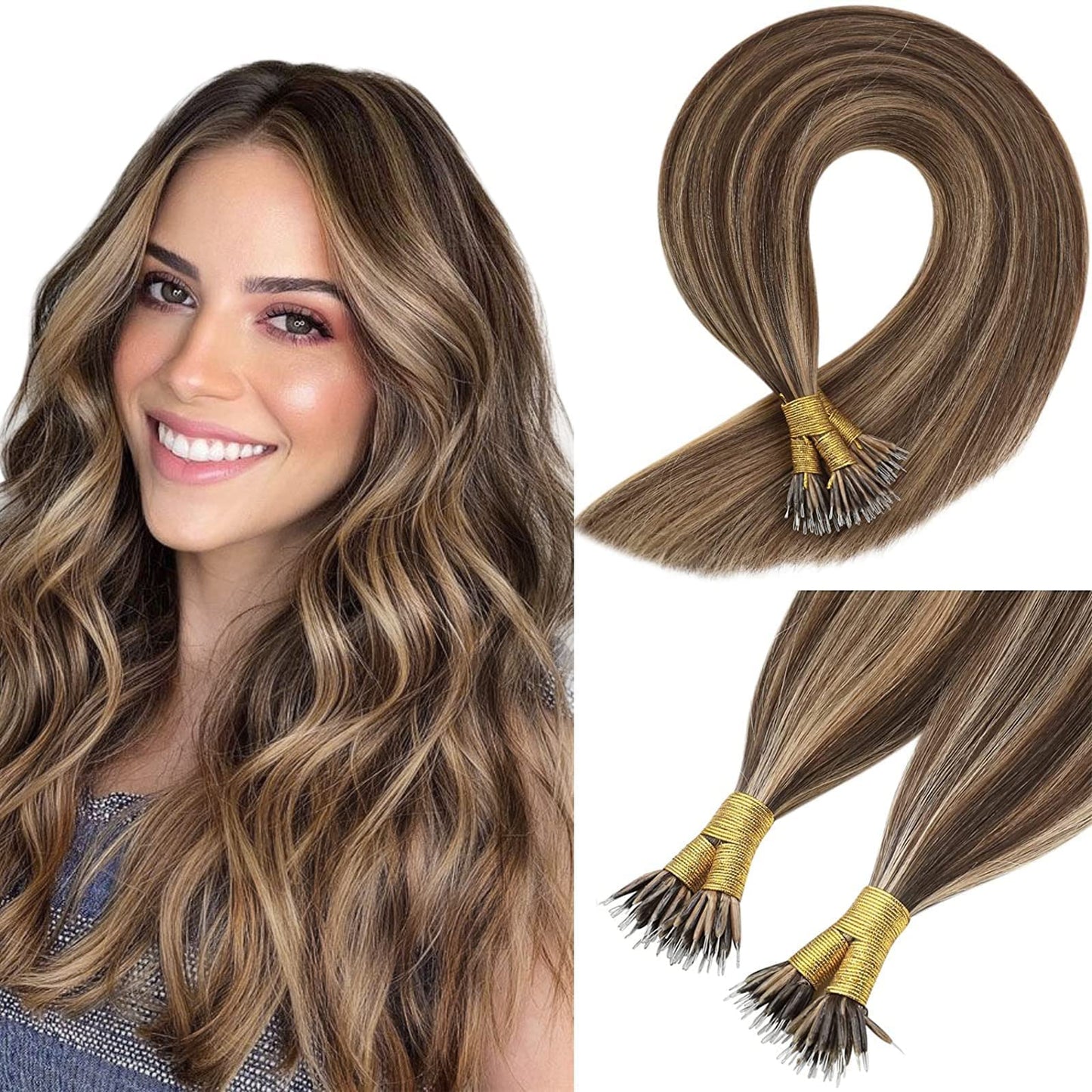 Sunny Hair Nano Bead Human Hair Extensions Brown 24Inch Cold Fusion Nano Micro Bead Hair Extensions Medium Brown Mixed Caramel B