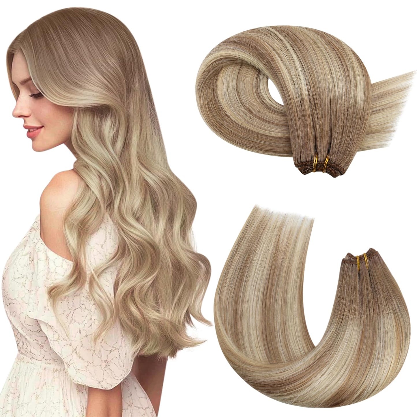 Moresoo Weft Hair Extensions Human Hair Highlights Blonde Sew In Human Hair Extensions Light Brown To Blonde Double Weft Extensi
