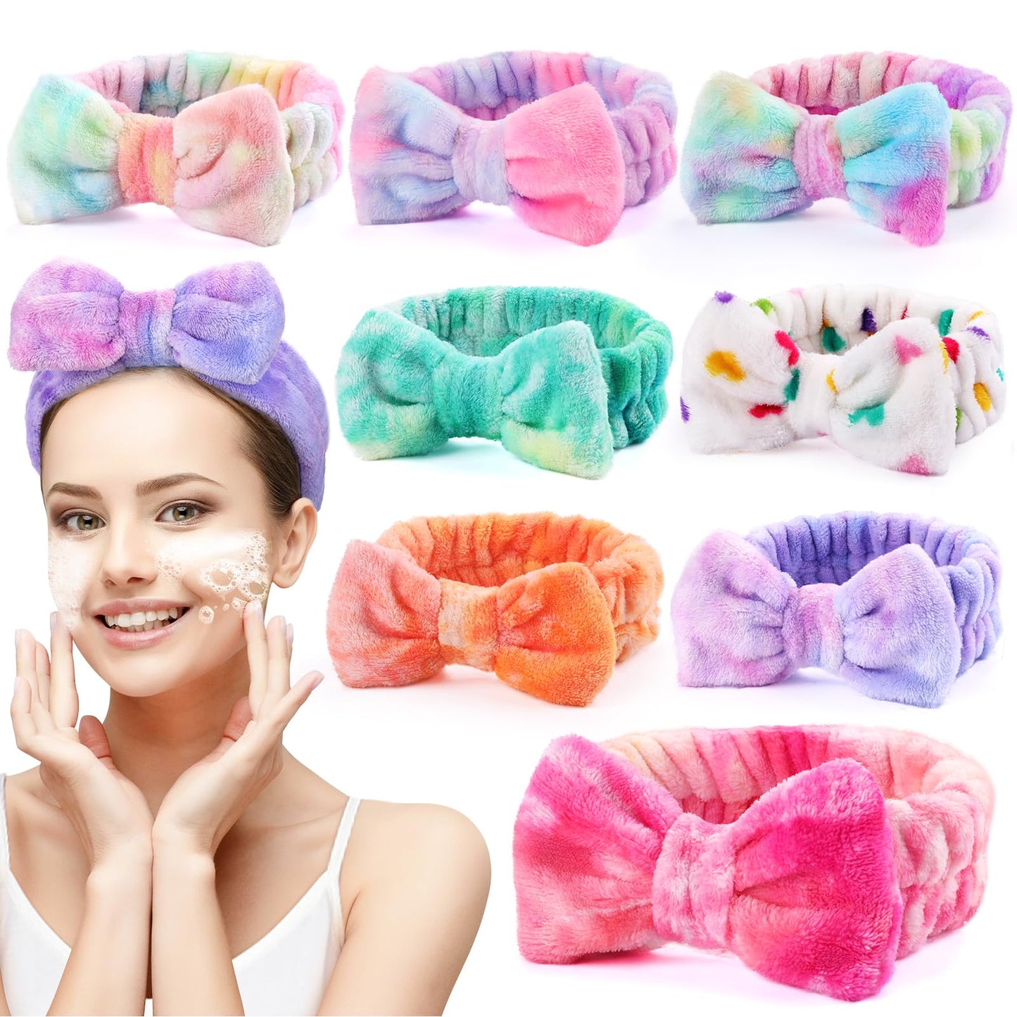 Umiku 8 Pack Women'S Soft Coral Fleece Headbands - Makeup Headwraps With Bow, Head Wraps For Facial Washing, Skincare, And Spa G