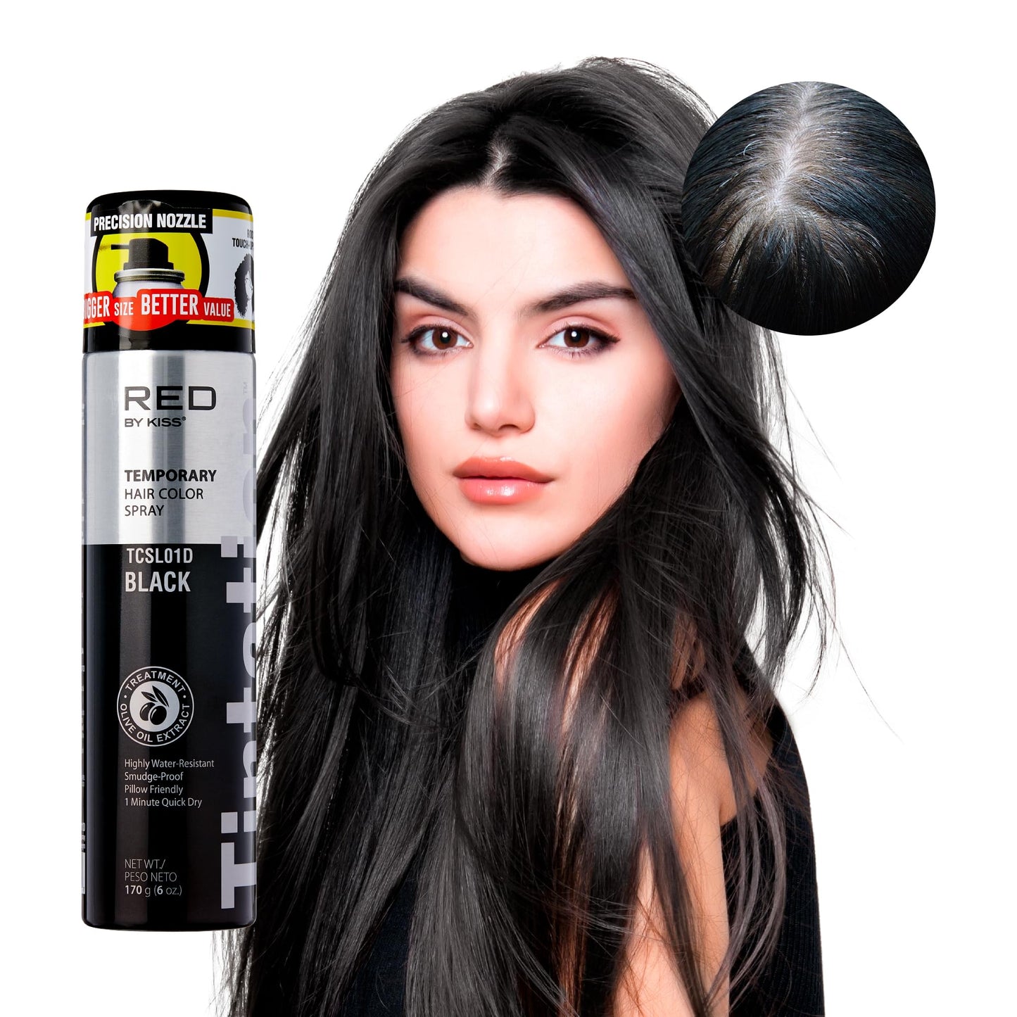 Kiss Root Cover Up Gray Concealer Spray Tintation Temporary Hair Color Spray Root Touch Up Spray Hair Dye Large Size 6 Oz. (Blac