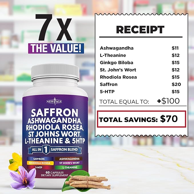 NEW AGE Saffron Supplements with Ashwagandha - Support with L-Theanine, Ginkgo Biloba, St. John's Wort, Rhodiola Rosea & 5-HTP - Saffron 180 Count