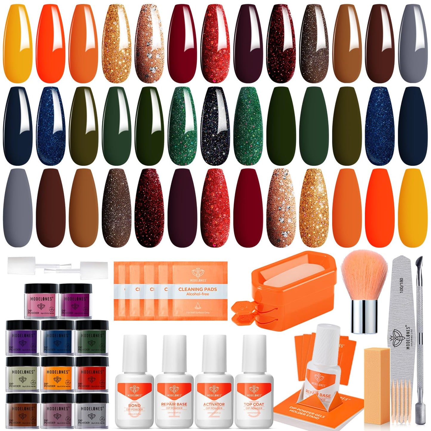 Modelones Dip Powder Nail Kit, 20 Colors Red Green Orange Dipping Powder Liquid Set Base&Top Activator For French Nail Art Salon