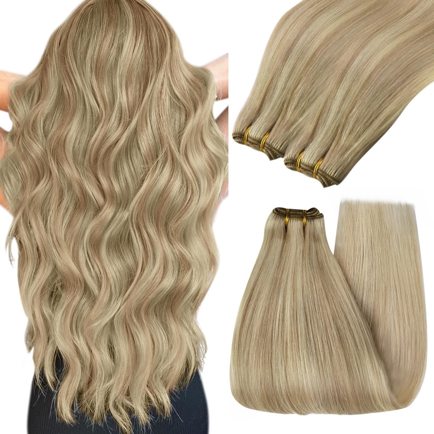 Youngsee Weft Hair Extensions Highlight Weft Hair Extensions Human Hair Dark Ash Blonde Highlighted Light Blonde Sew In Hair Ext