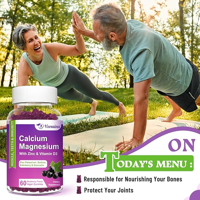 High Absorption Calcium Gummies, Calcium Magnesium Zinc with Magnesium Glycinate, Potassium, Vitamin D3 for Women & Men- Blueberry Flavored 60 Cts