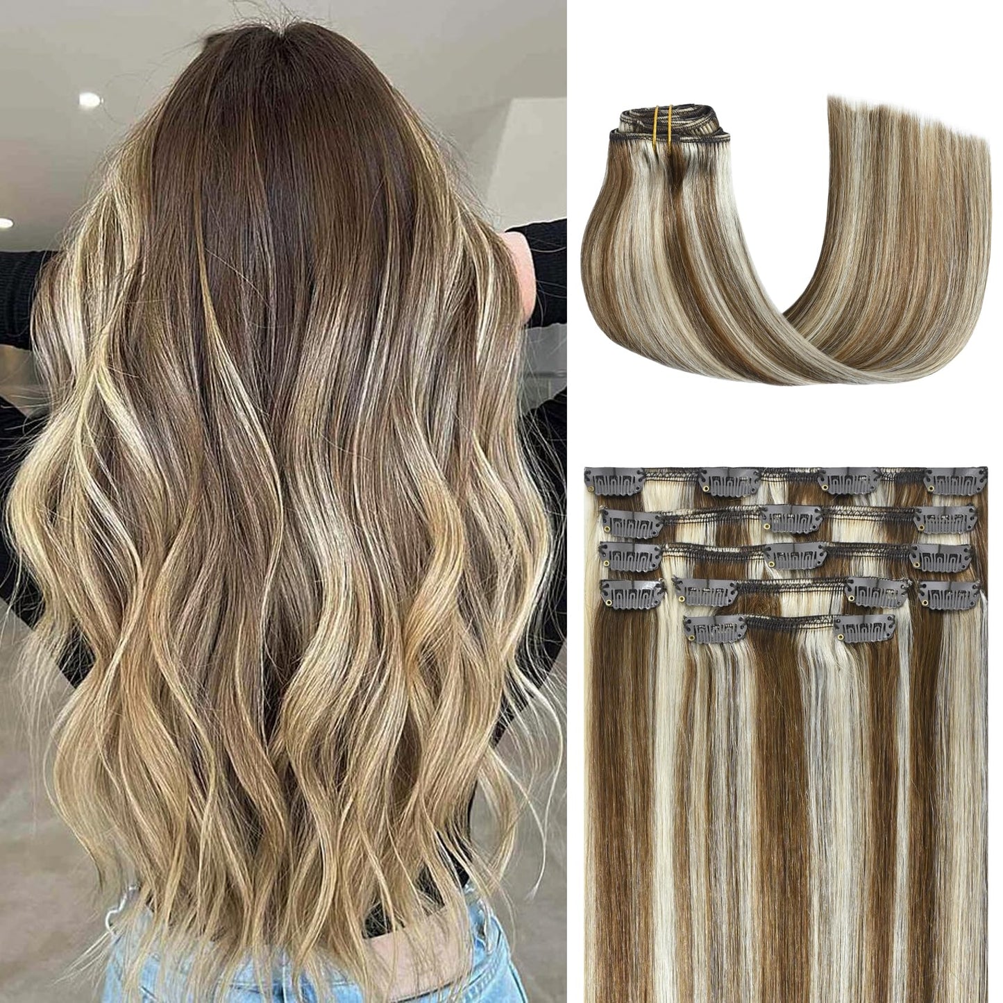Honsoo Hair Extensions Light Brown To Blonde Highlights Clip In Hair Extensions Real Human Hair 70G Balayage Double Weft Straigh