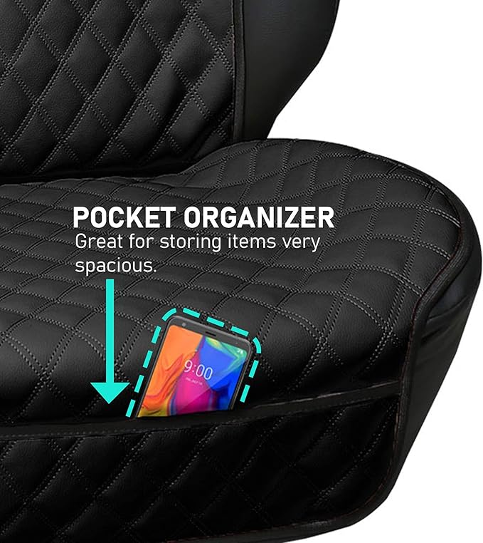 FH Group Car Seat Cushion β Faux Leather Single Front Seat Cover with Front Pockets, Airbag Compatible, Universal Fit Car Seat Cushion for Driver or Passenger Seat, SUV, Truck, Sedan & Van β Black