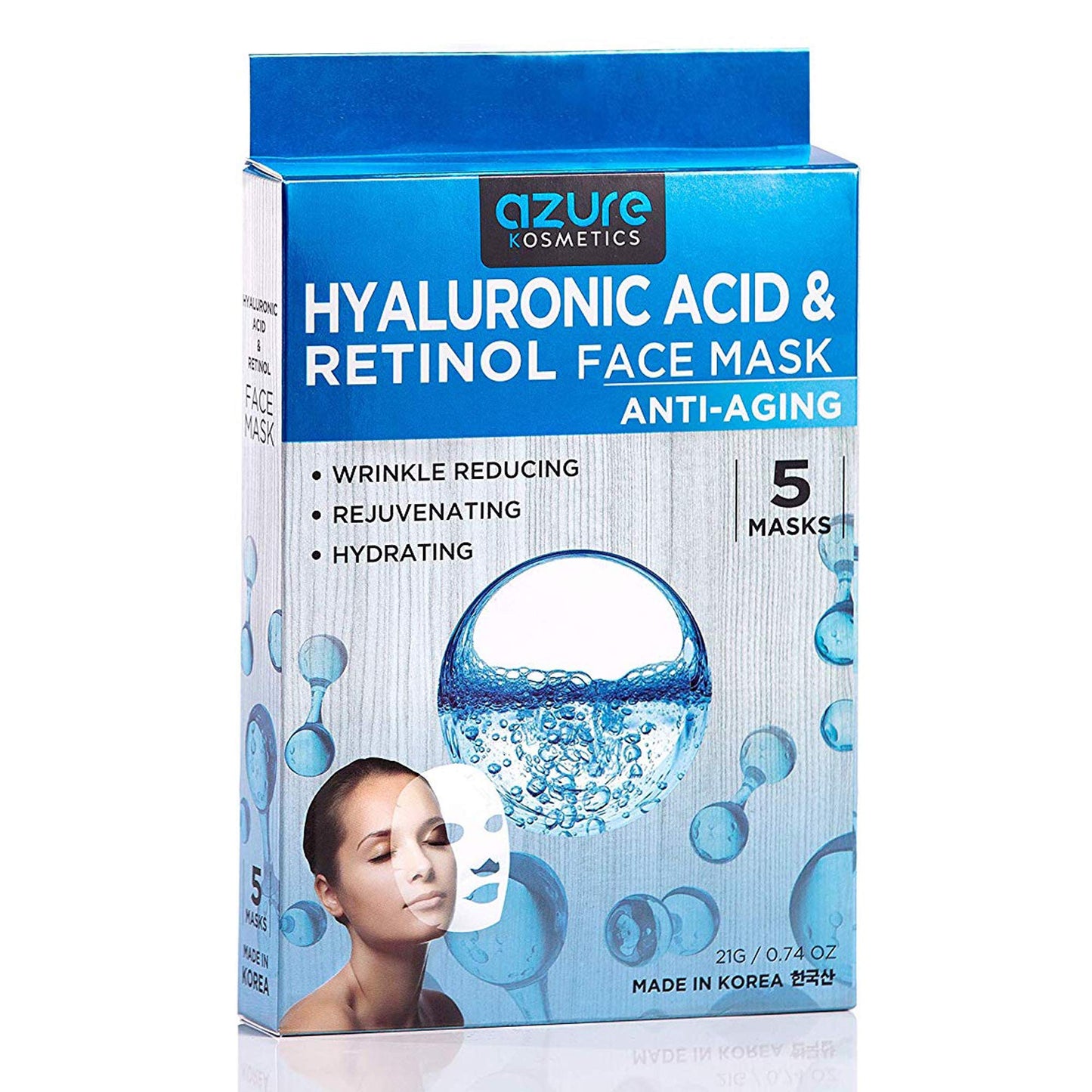 Azure Hyaluronic Acid & Retinol Anti Aging Facial Mask - Dermatologist Tested - Rejuvenating & Hydrating Face Mask - Helps Reduc