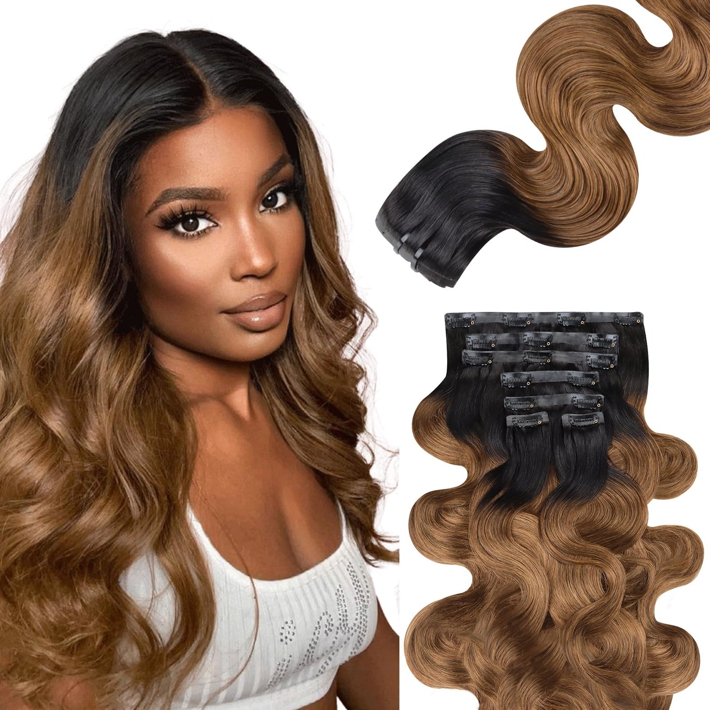 Lashey Seamless Clip In Extensions 110G 7Pcs Body Wave Ombre Natural Black To Medium Auburn Clip In Hair Extensions Human Hair 2