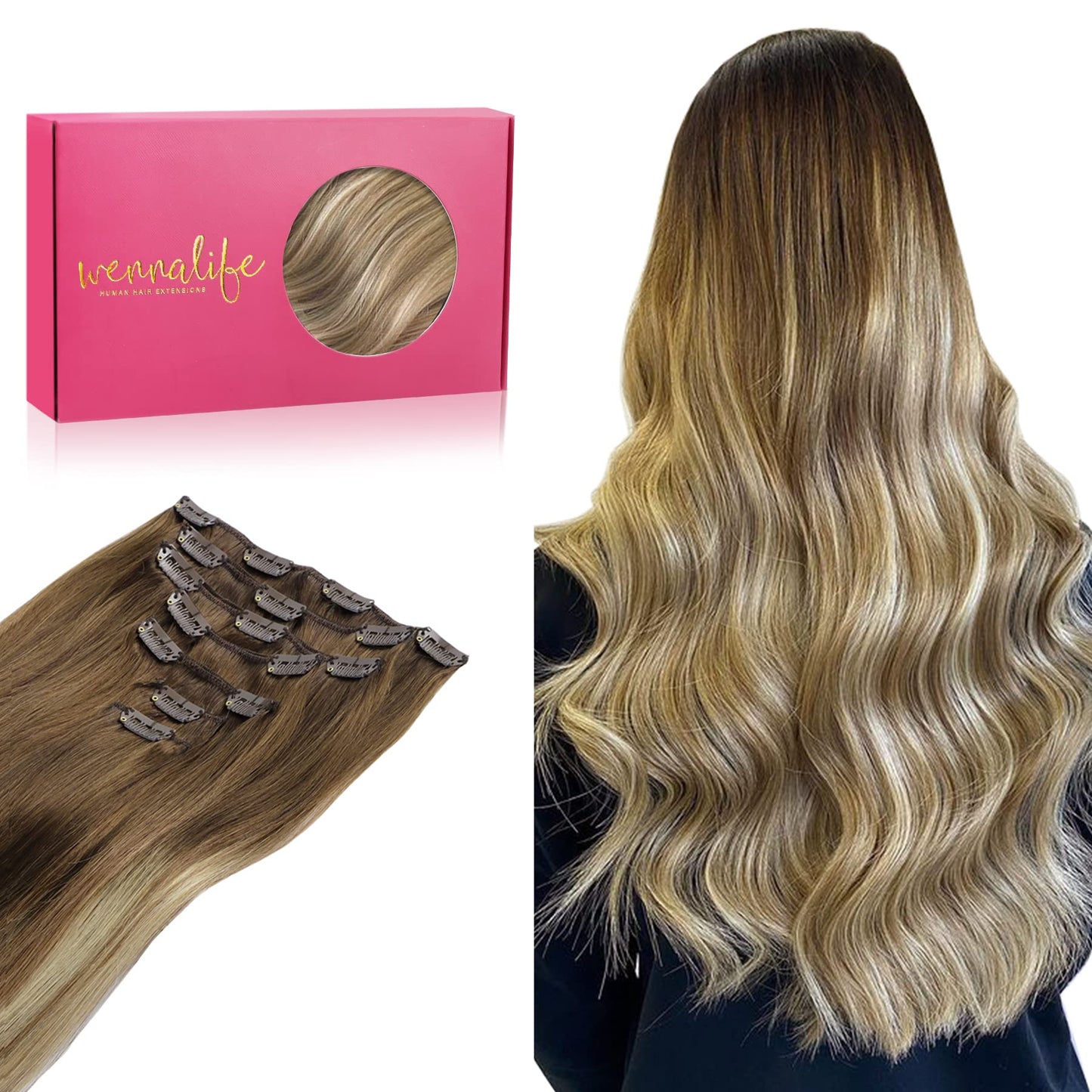 Wennalife Clip In Hair Extensions Real Human Hair, 20 Inch 120G 7Pcs Ombre Walnut Brown To Ash Brown And Bleach Blonde Clip In H