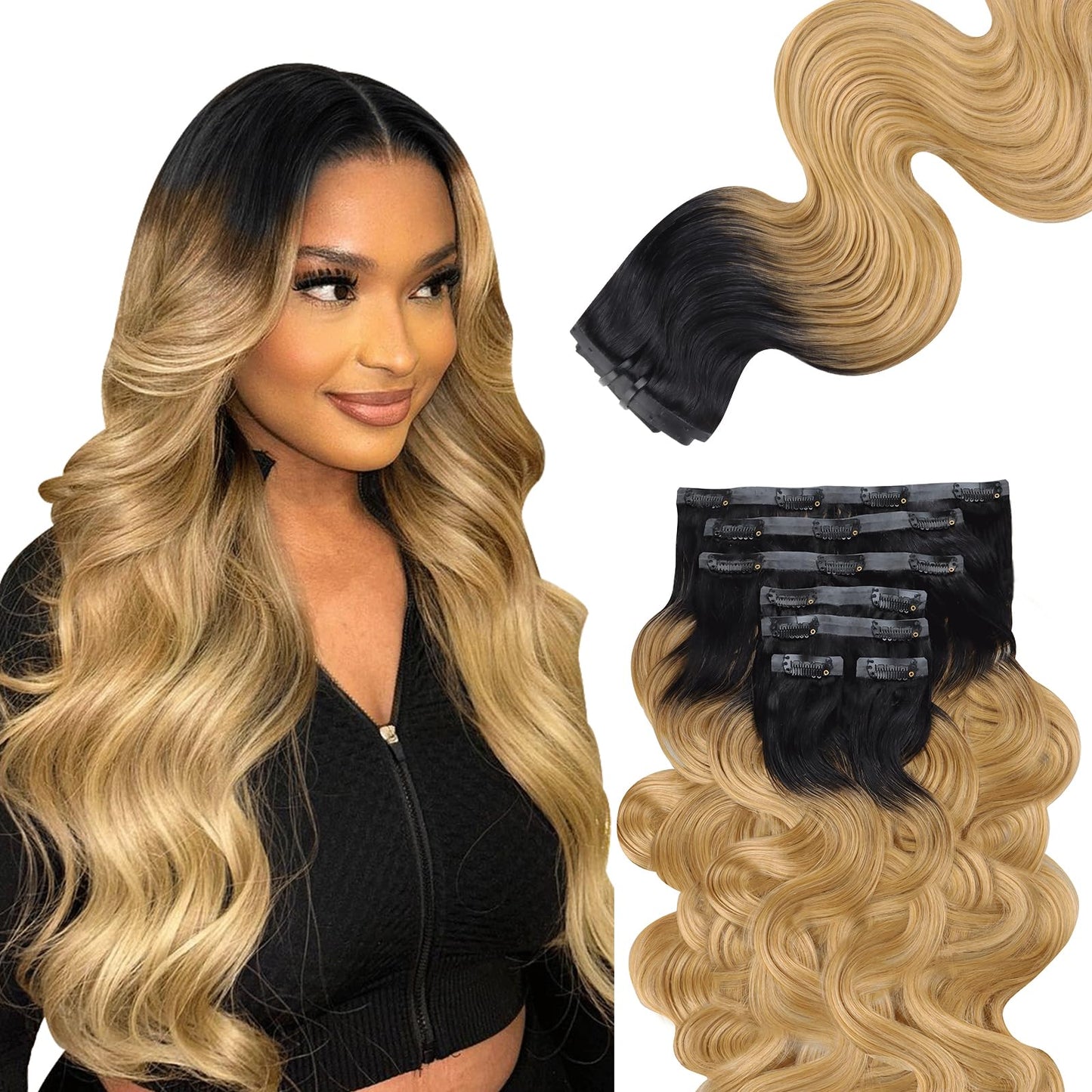 Lashey Clip In Hair Extensions Ombre Natural Black To Honey Blonde Seamless Clip In Hair Extensions Human Hair 22 Inch Body Wave