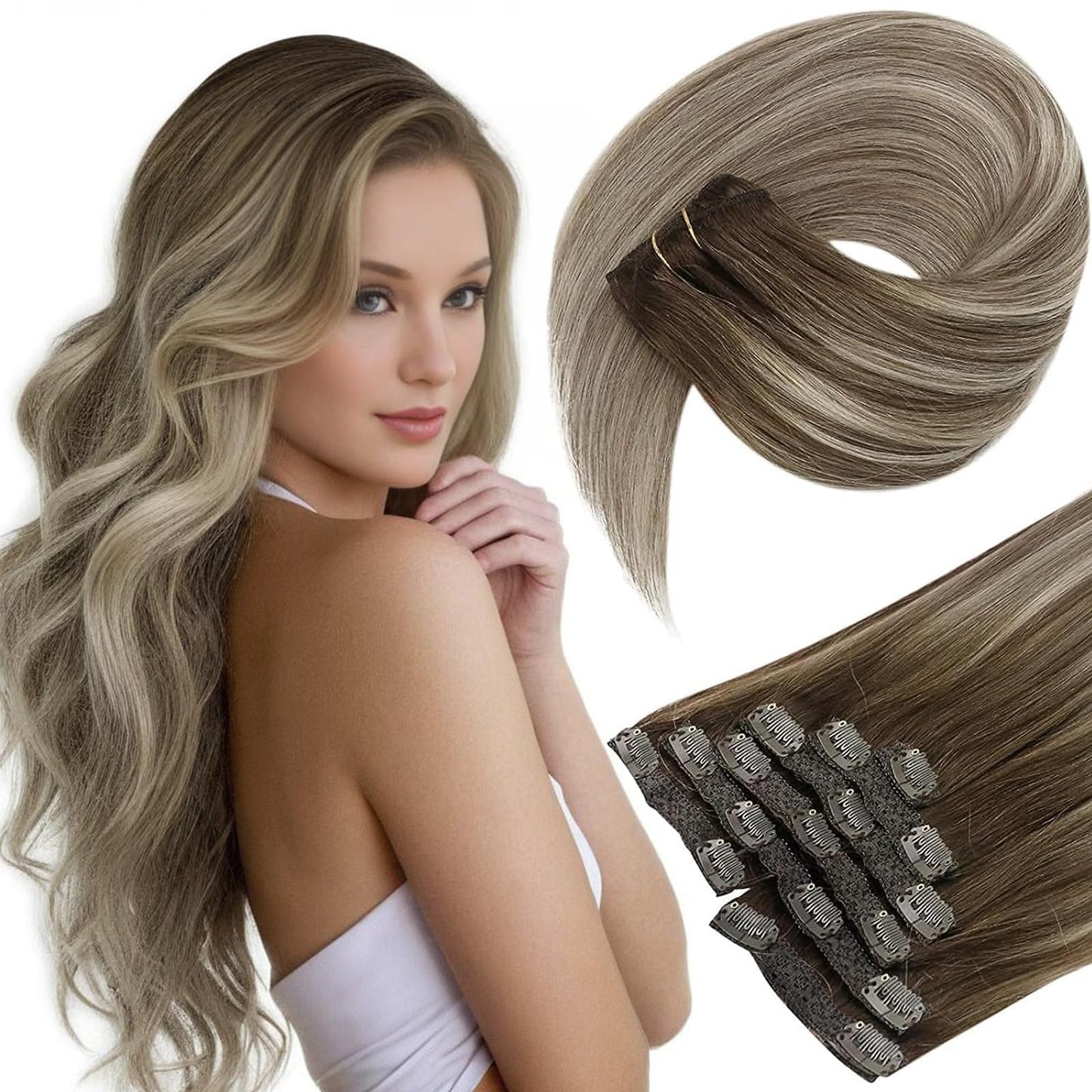 Sunny Clip In Hair Extensions Brown Hair Extensions Clips Dark Brown Ombre Light Brown With Blonde Real Human Hair Clip In Exten