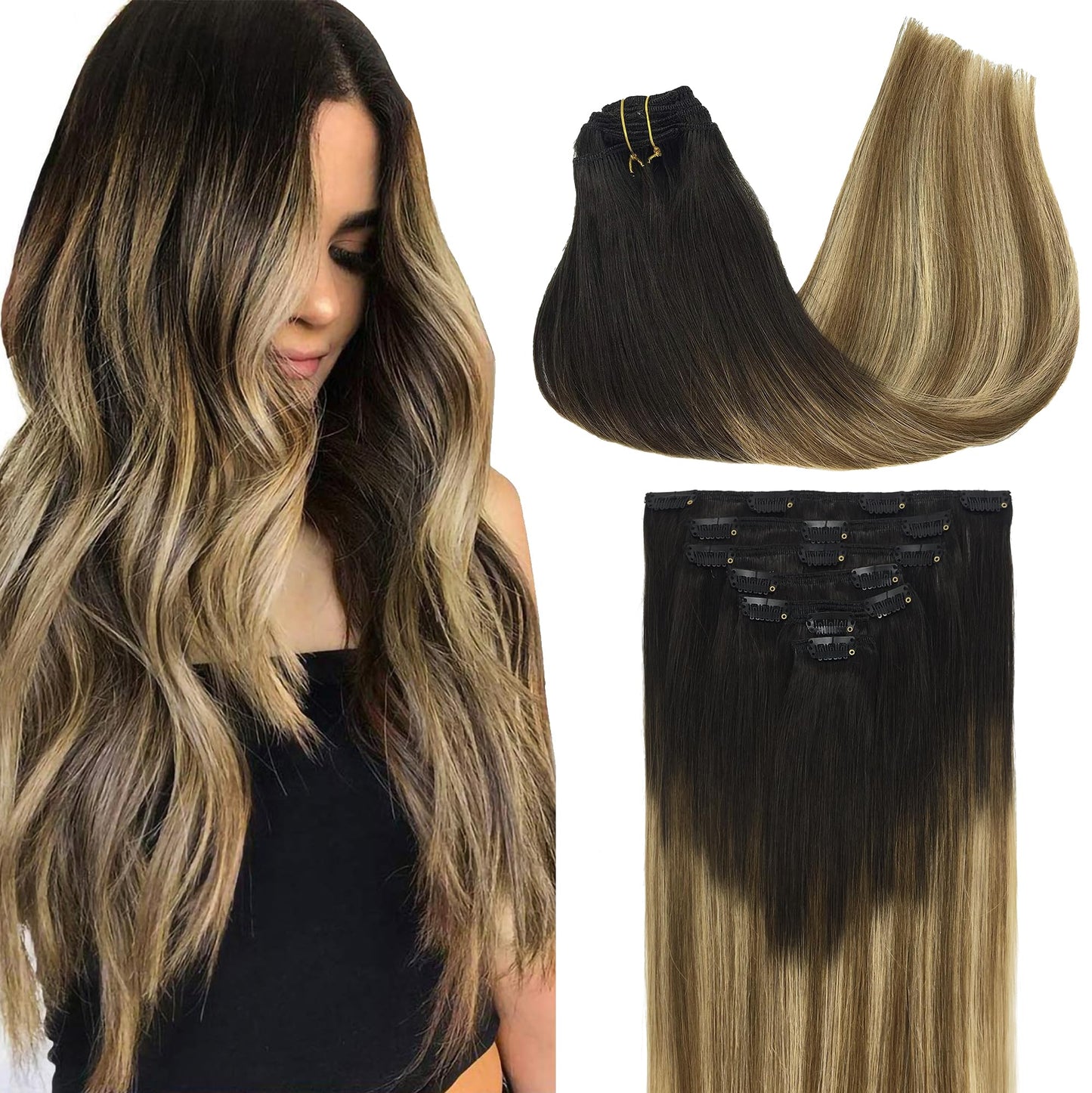 GOO GOO Clip in Hair Extensions Real Human Hair, 22inch 120g 7Pcs, 2/6/18 Balayage Brown to Dirty Blonde, Remy Human Hair Extens