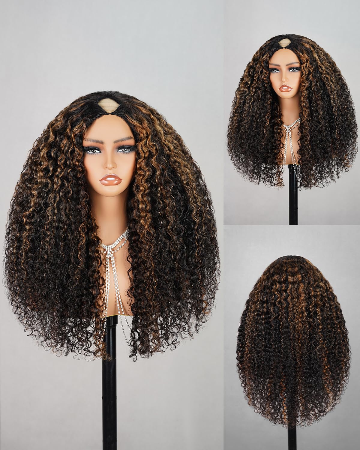 Megalook V Part Wig Human Hair 180% Density Half Wigs For Women 12A Deep Curly Wig Human Hair Highlight Wig Glueless U Part Wig