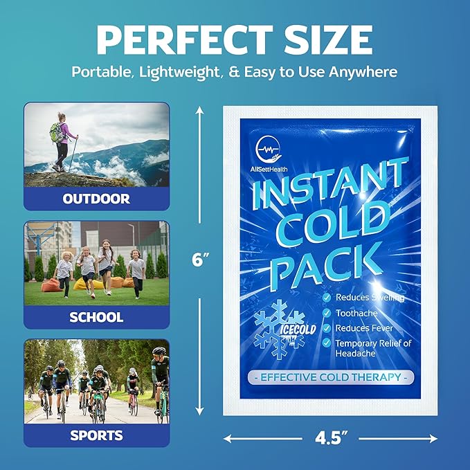 25 Pack Instant Ice Cold Pack (6” x 4.5”) - Disposable Instant Ice Packs for Injuries | Cold Compress Ice Pack for Pain Relief