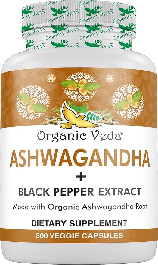 Organic Veda Ashwagandha with Black Pepper Extract Capsules - Energy & Mood Support Supplement - Organic Ashwagandha Root with High Strength Natural Withanolides - Vegan 300 Capsules