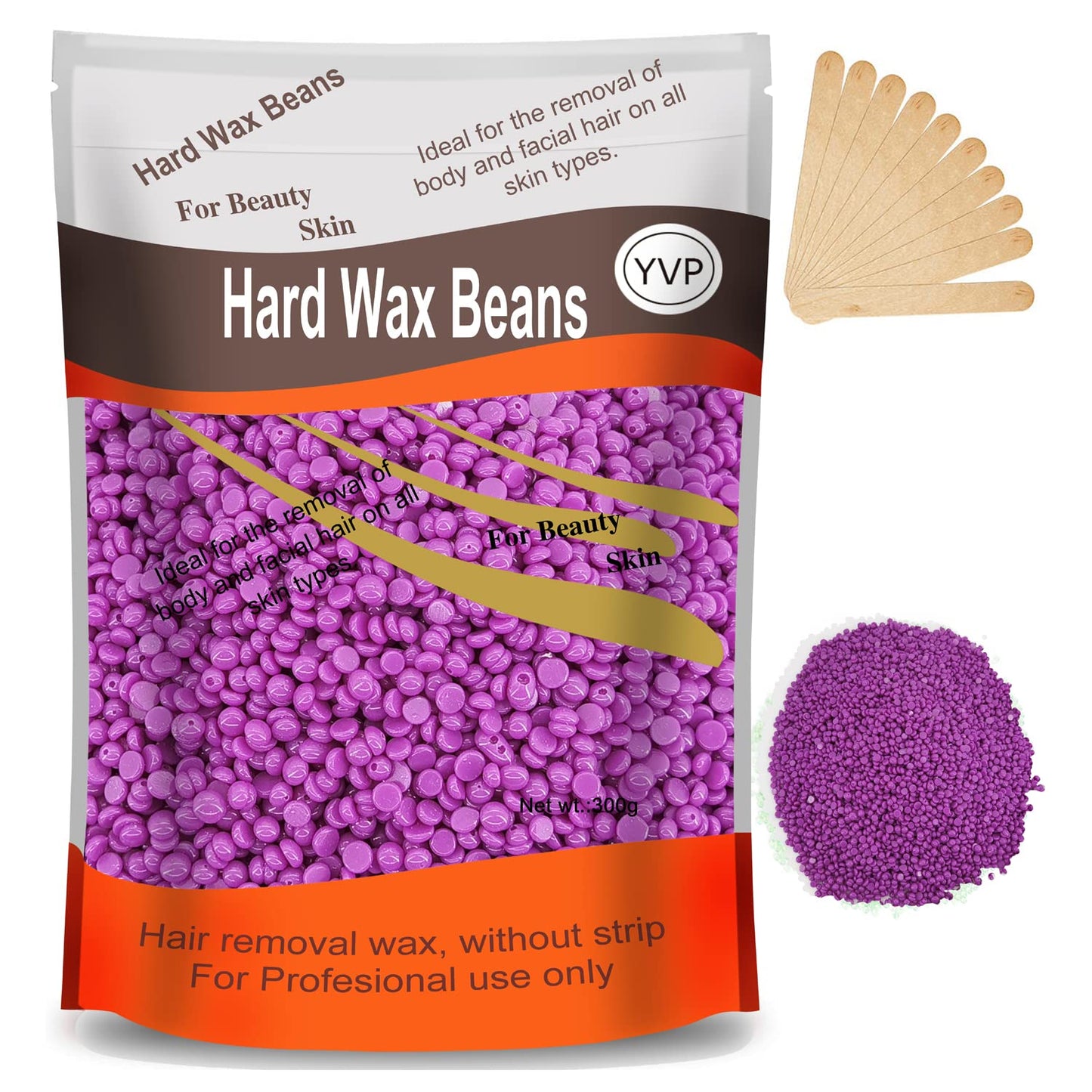 Yovanpur Hard Wax Beads For Hair Removal, Waxing Beans For Sensitive Skin (Violet), 10.5 Ounce/Bag With 10Pcs Wax Sticks