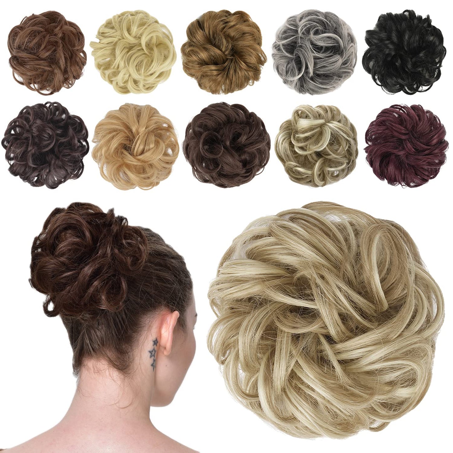 Feshfen Hair Buns Hair Piece Hair Scrunchies For Women Thick Hair Extension Bun Messy Wavy Ponytail Hairpieces Updo Chignon 1Pcs